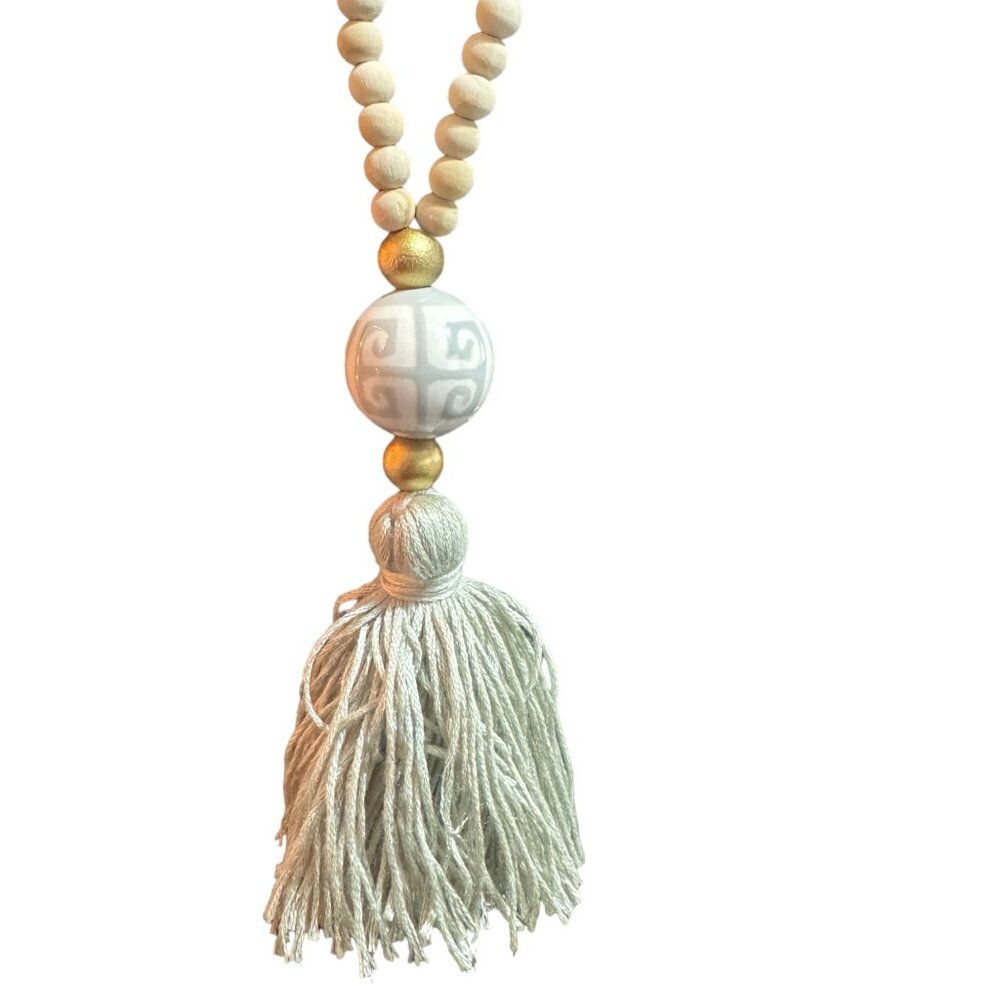 Wood Bead & Tassel Necklace Bracelet Set With Ceramic Accent - Picture 2 of 4